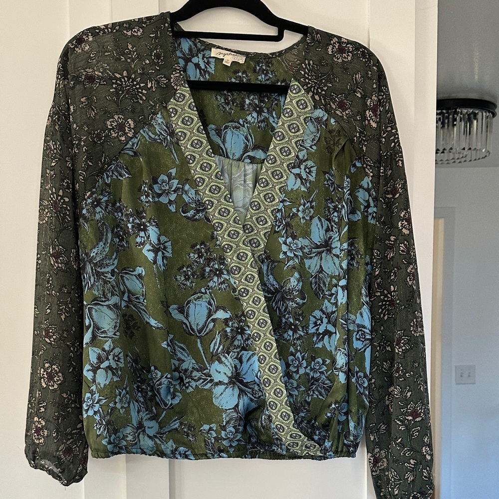 Mystree Floral V-Neck Blouse - Olive and Teal